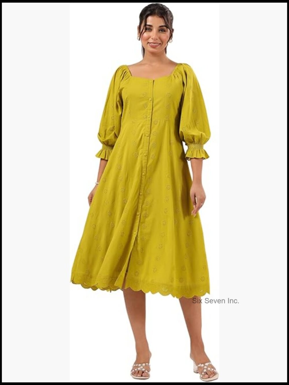 Cotton A-Line Dress with Schiffli Embroidery and Lace Hem